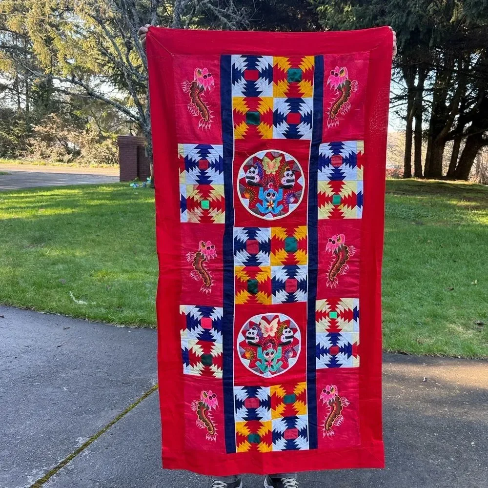 Vintage Chinese Handmade Folk Art Bai Jia Bei Quilt Dragon Panda Frog Two Sided